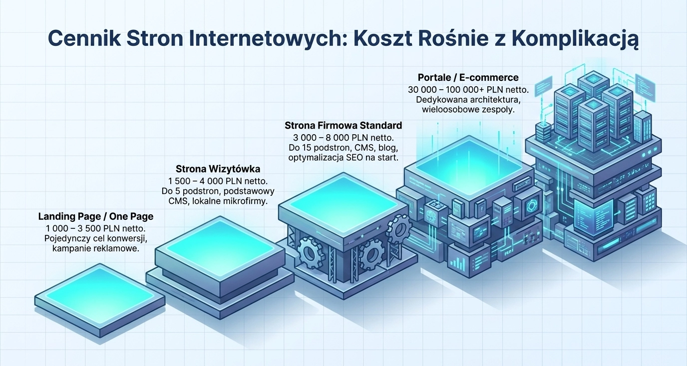 Izometryczny wykres kosztów stron internetowych rosnący wraz z komplikacją